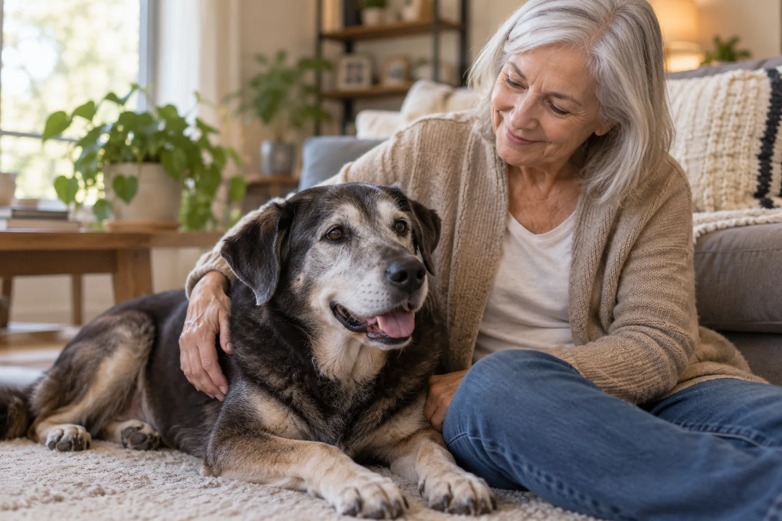 Owner sitting beside a large gray-muzzled dog at home